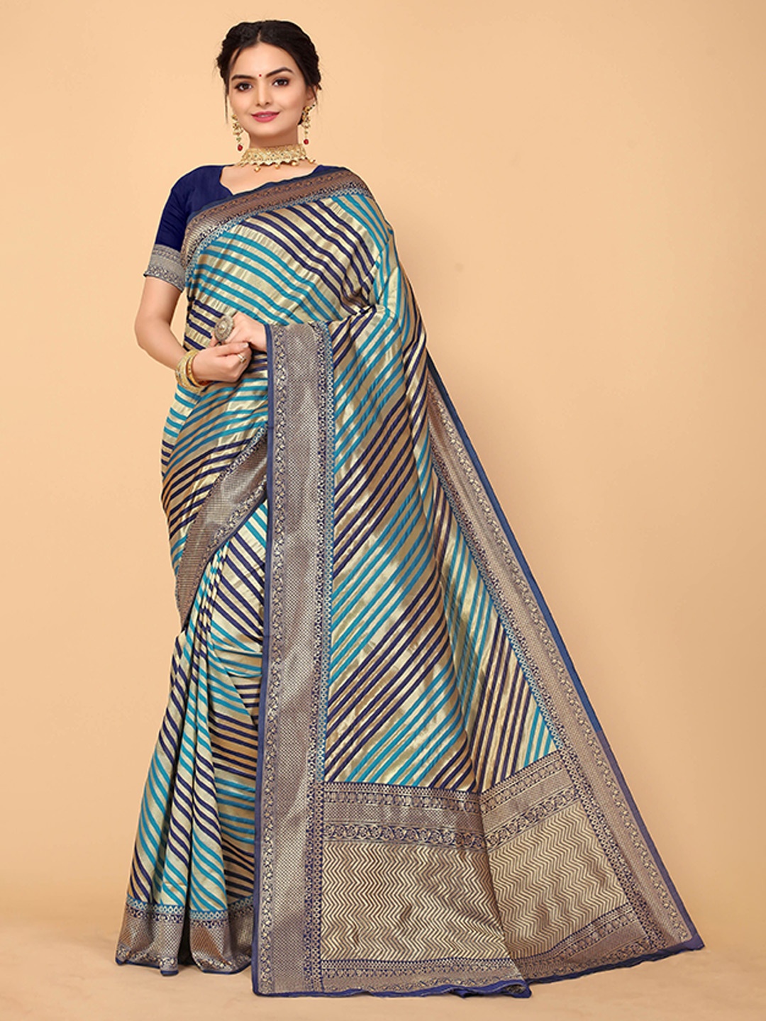 

Mitera Blue & Sea Green Striped Zari Silk Blend Leheriya Saree