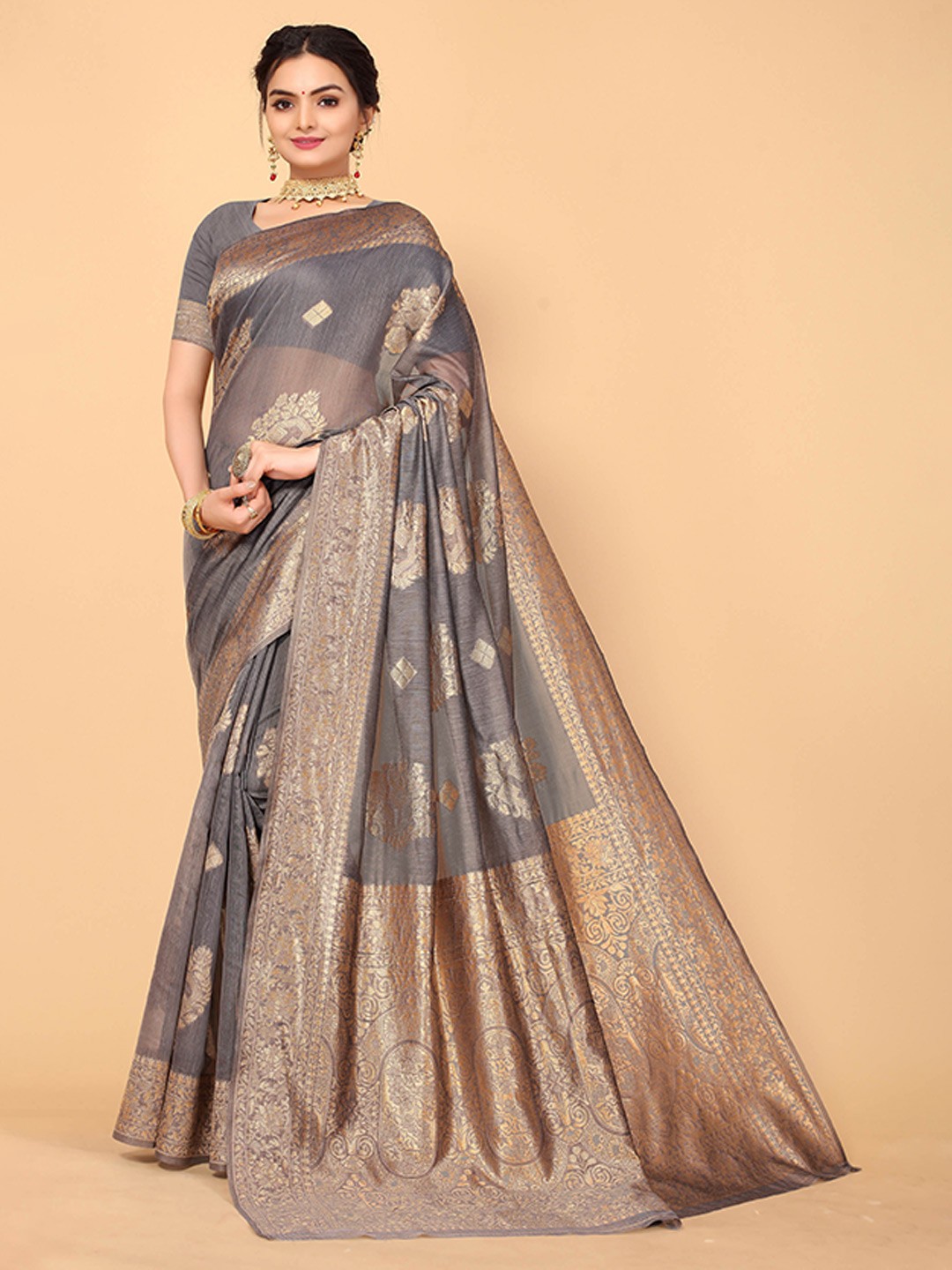 

Mitera Women Grey & Gold-Toned Woven design Zari Banarasi Saree