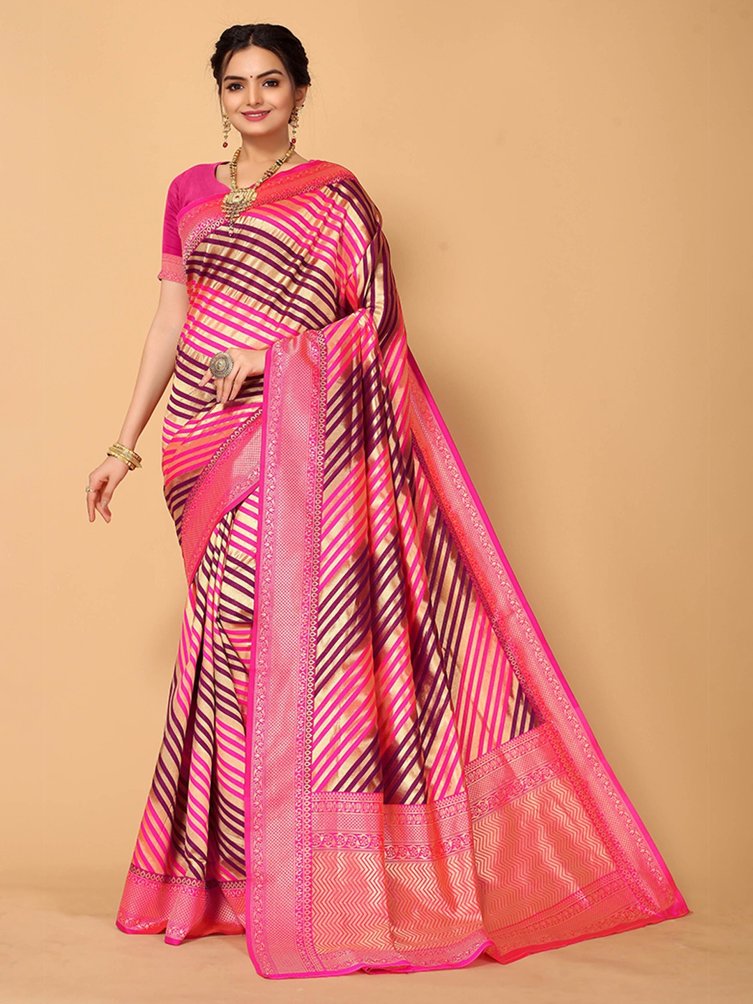 

Mitera Pink & Gold-Toned Striped Zari Silk Blend Leheriya Saree