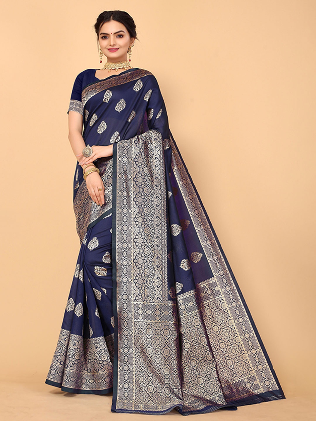 

Mitera Navy Blue & Gold-Toned Ethnic Motifs Zari Banarasi Saree