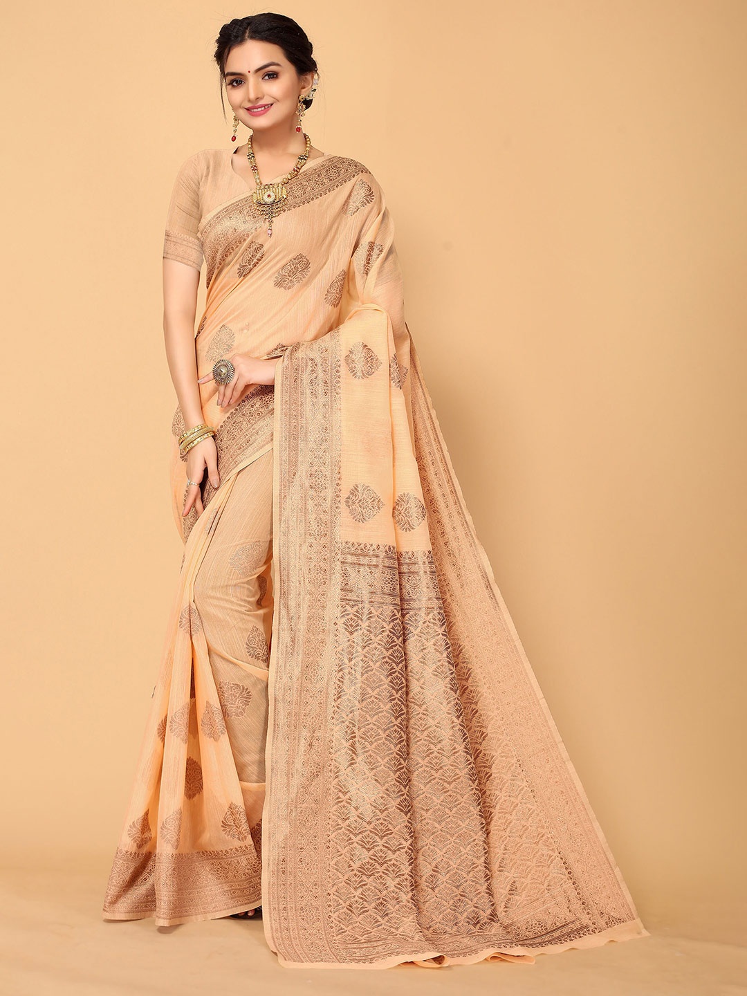 

Mitera Peach-Coloured Ethnic Motifs Zari Banarasi Saree