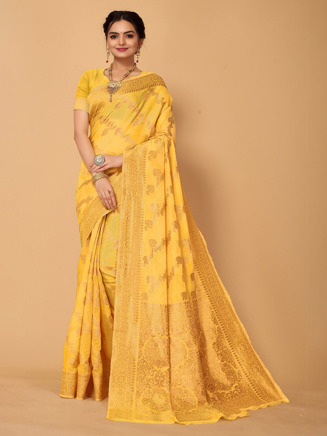 

Mitera Yellow & Gold-Toned Floral Banarasi Saree