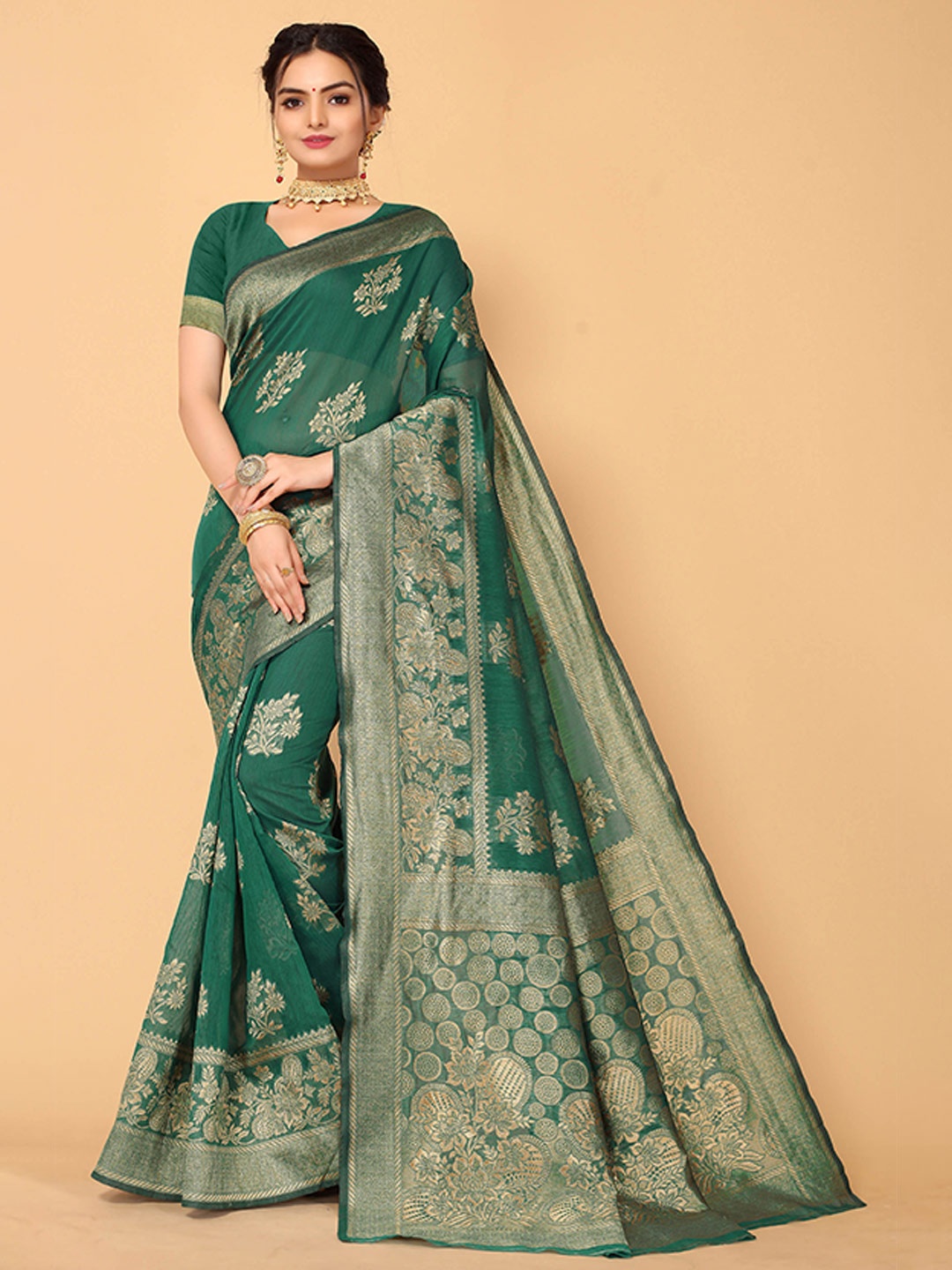 

Mitera Green & Golden Floral Zari Banarasi Saree