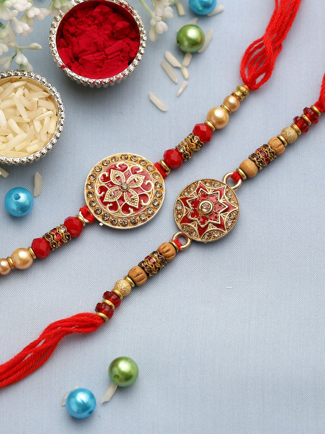 

Aapno Rajasthan Adults-Unisex Set of 2 Red & Gold-Toned Traditional Rakhi, Multi