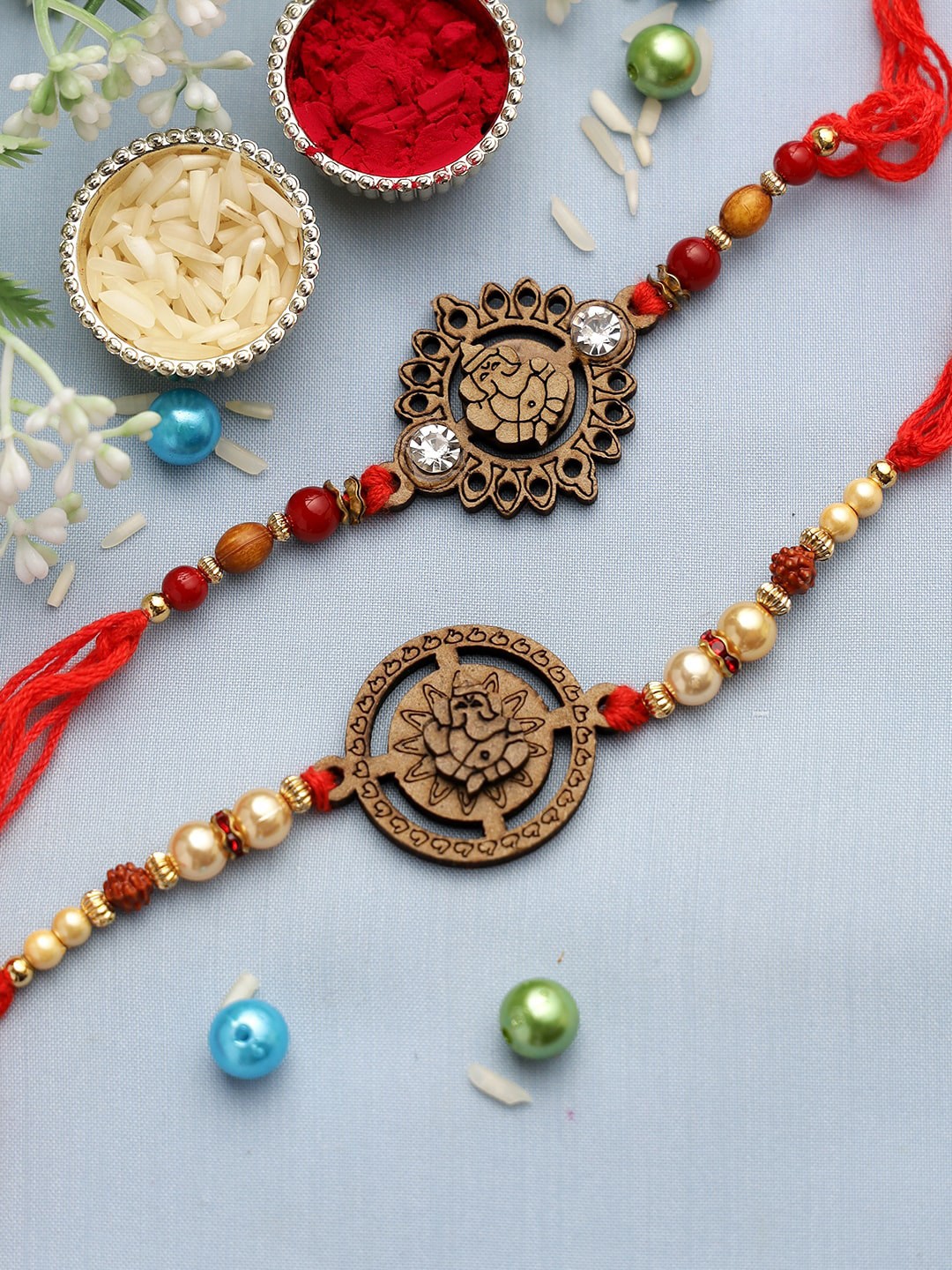 

Aapno Rajasthan Set of 2 Rakhi with Roli Chawal & Card, Red