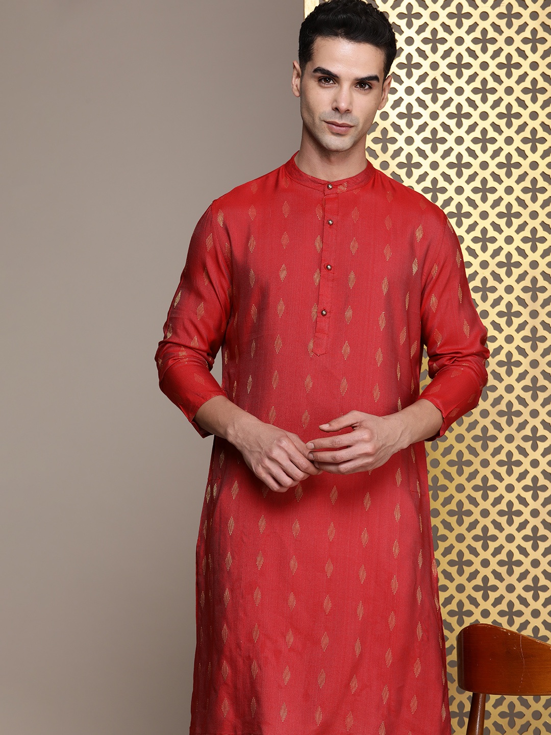

House of Pataudi Long Sleeves Woven Design Jashn Kurta, Red