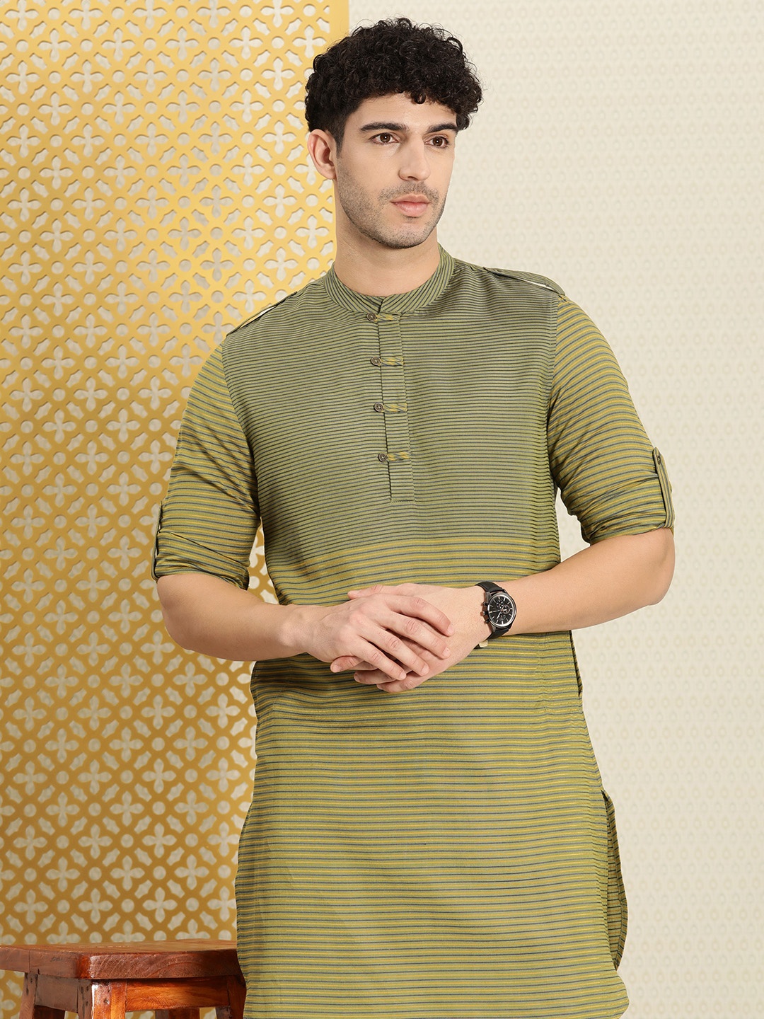 

House of Pataudi Jashn Striped Pathani Kurta, Yellow