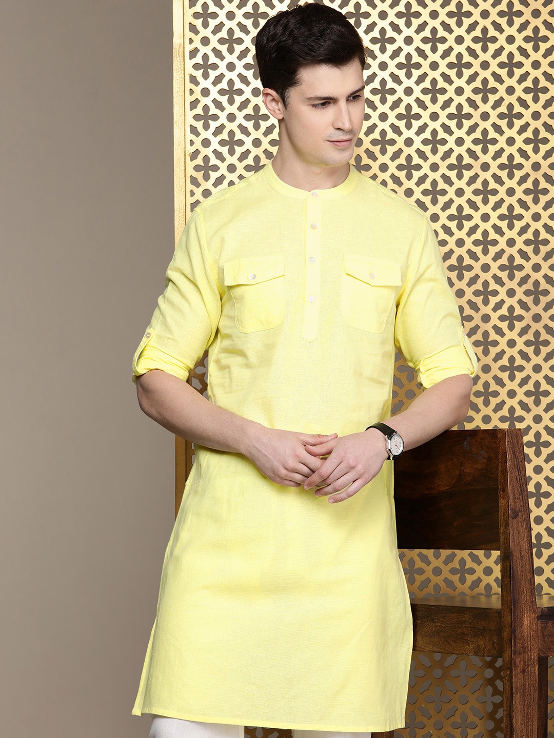 

House of Pataudi Cotton Linen Pathani Jashn Kurta, Yellow