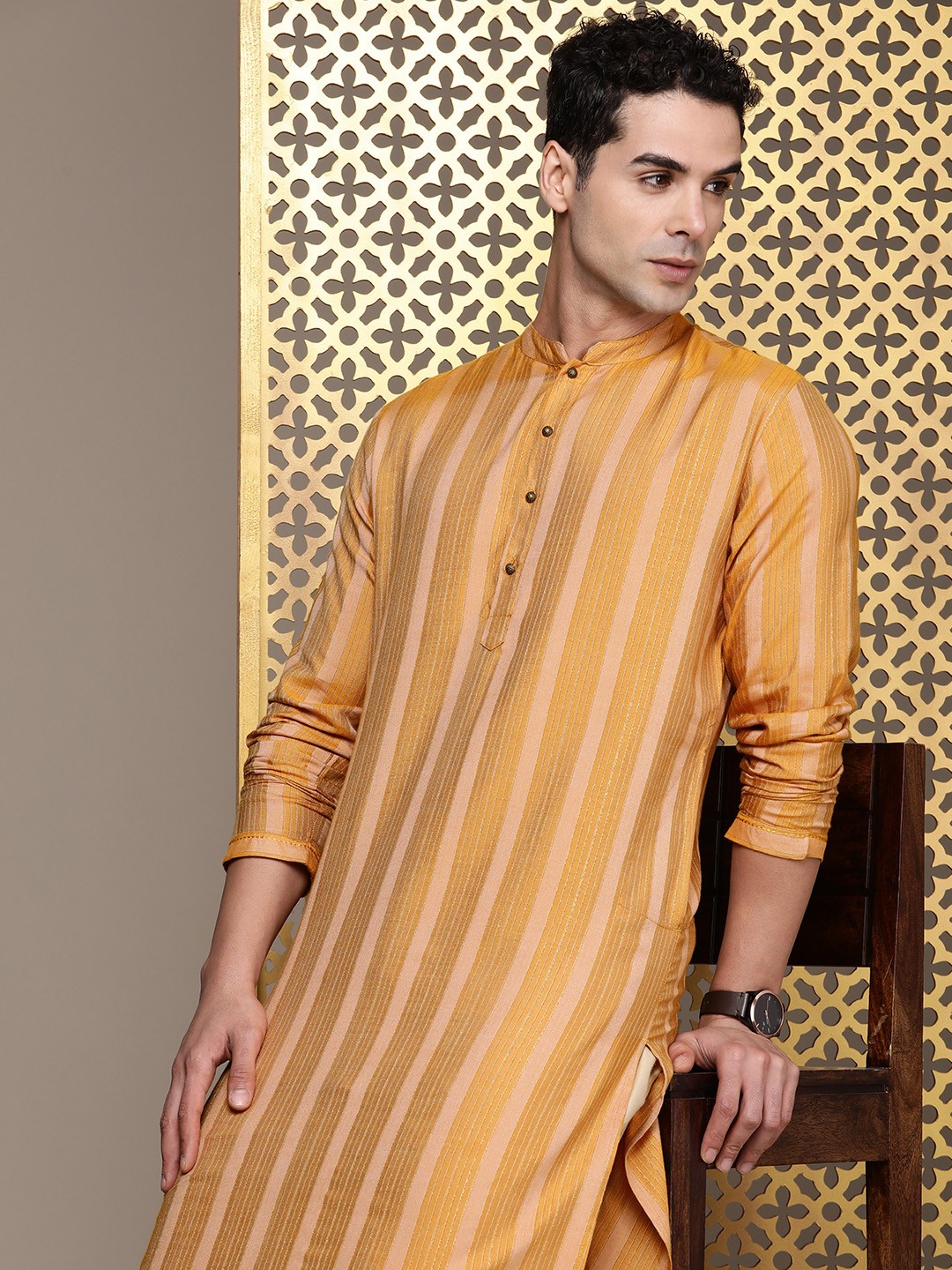 

House of Pataudi Jashn Striped Kurta, Orange