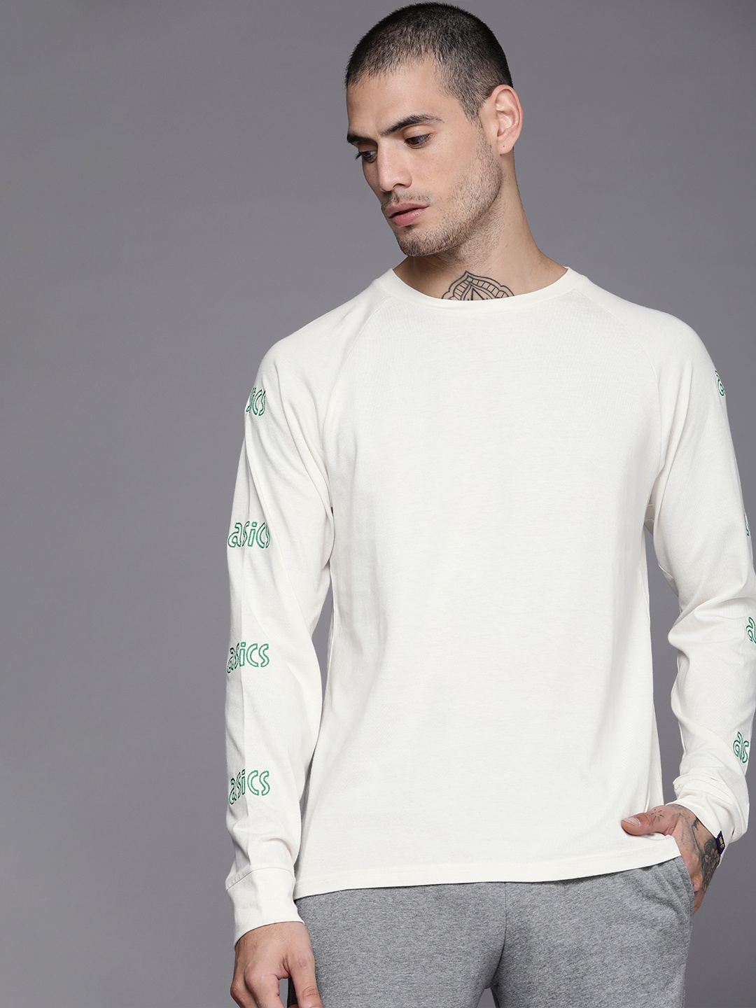 

ASICS Men Off White Pure Cotton Brand Logo T-shirt