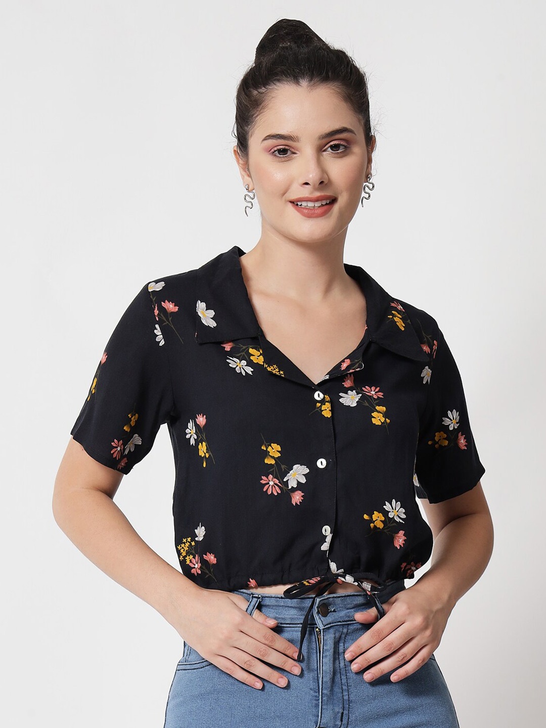 

The Dry State Black Floral Print Shirt Style Waist Tie Up Top