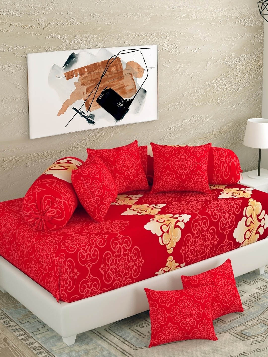

Salona Bichona Set Of 8 Red Printed Cotton Single Bedsheet With Bolster Covers & Cushion Covers