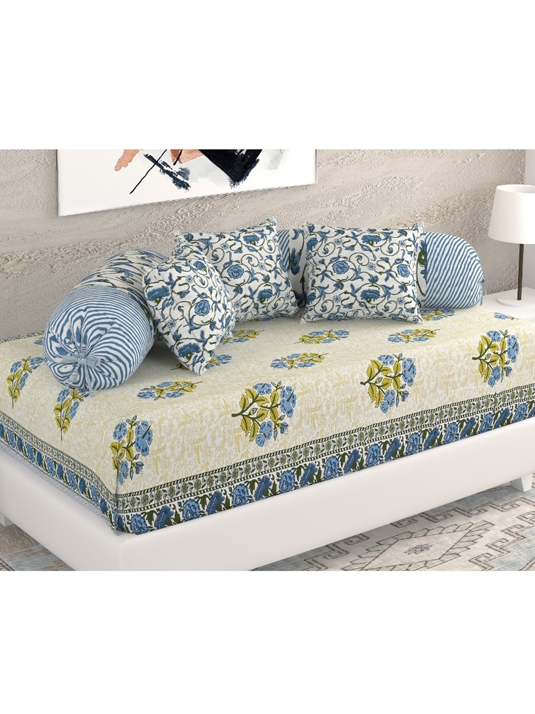 

Salona Bichona Set Of 6 Blue & White Printed Pure Cotton Bedsheet With Bolster & Cushion Covers