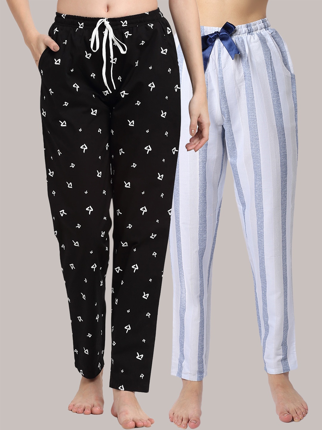 

Claura Women Pack Of 2 Printed Pure Cotton Lounge Pants, Black