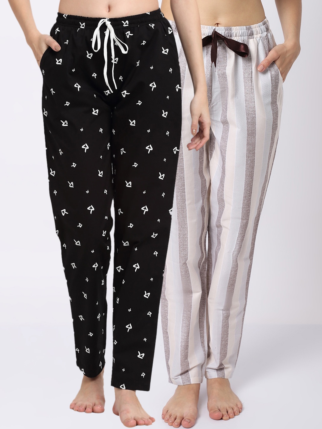 

Claura Women Pack of 2 Black & Beige Printed Cotton Lounge Pants