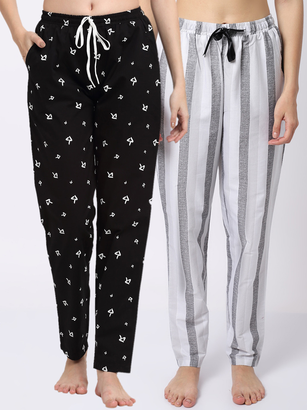 

Claura Women Pack Of 2 Printed Pure Cotton Lounge Pants, Black