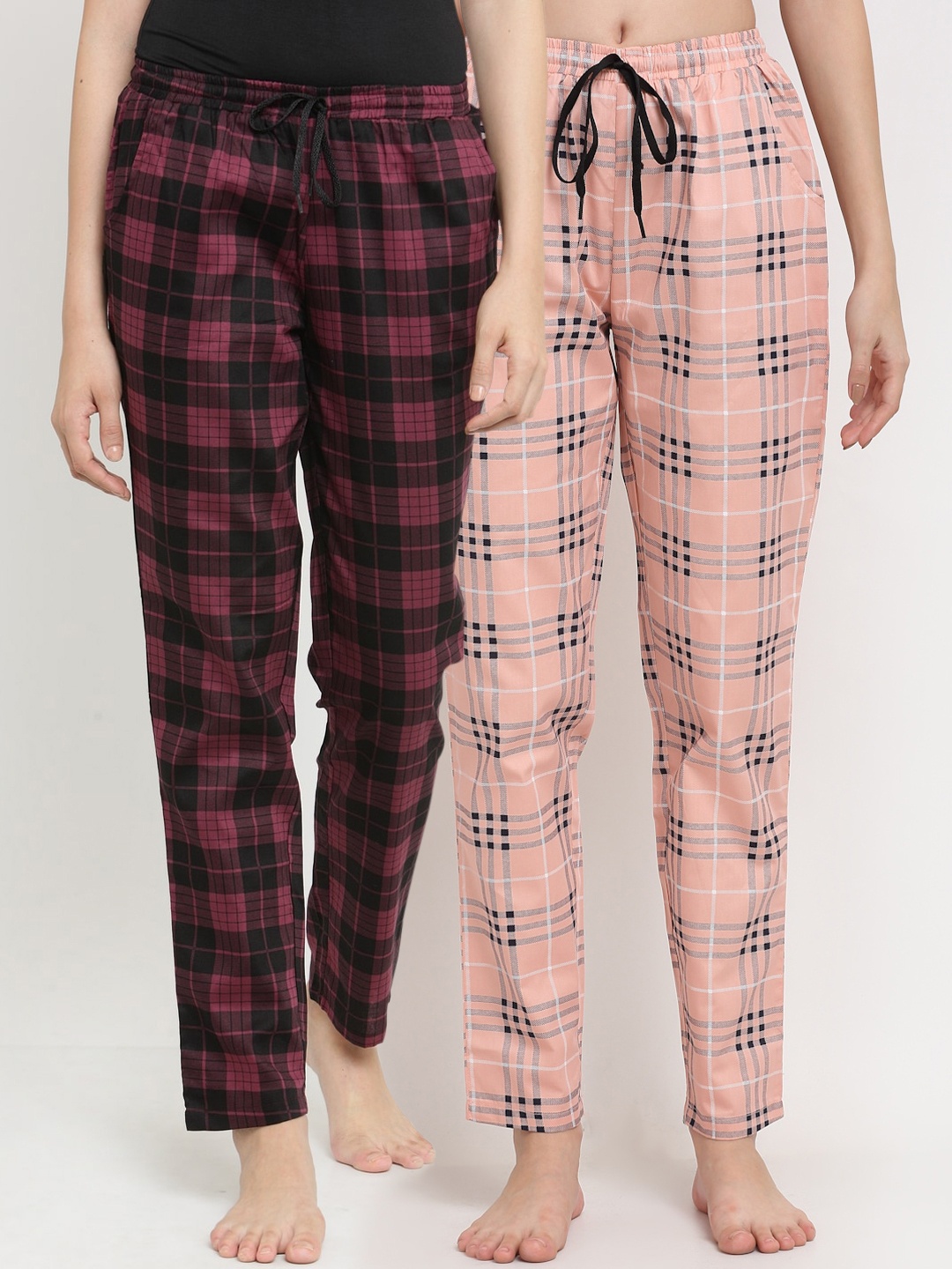 

Claura Women Pack Of 2 Peach & Black Checked Pure Cotton Lounge Pants