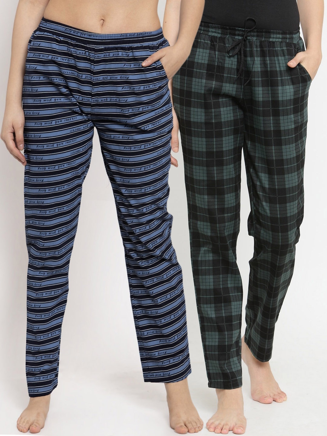 

Claura Women Pack Of 2 Green & Blue Checked Cotton Lounge Pants