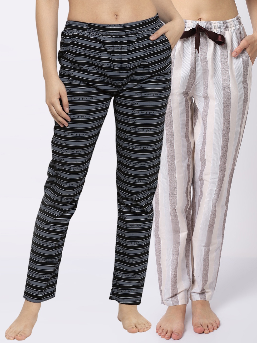 

Claura Women Pack Of 2 Striped Printed Cotton Lounge Pants, Black