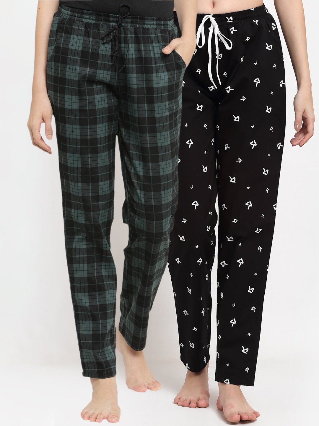 

Claura Women Pack Of 2 Printed Lounge Pants, Black
