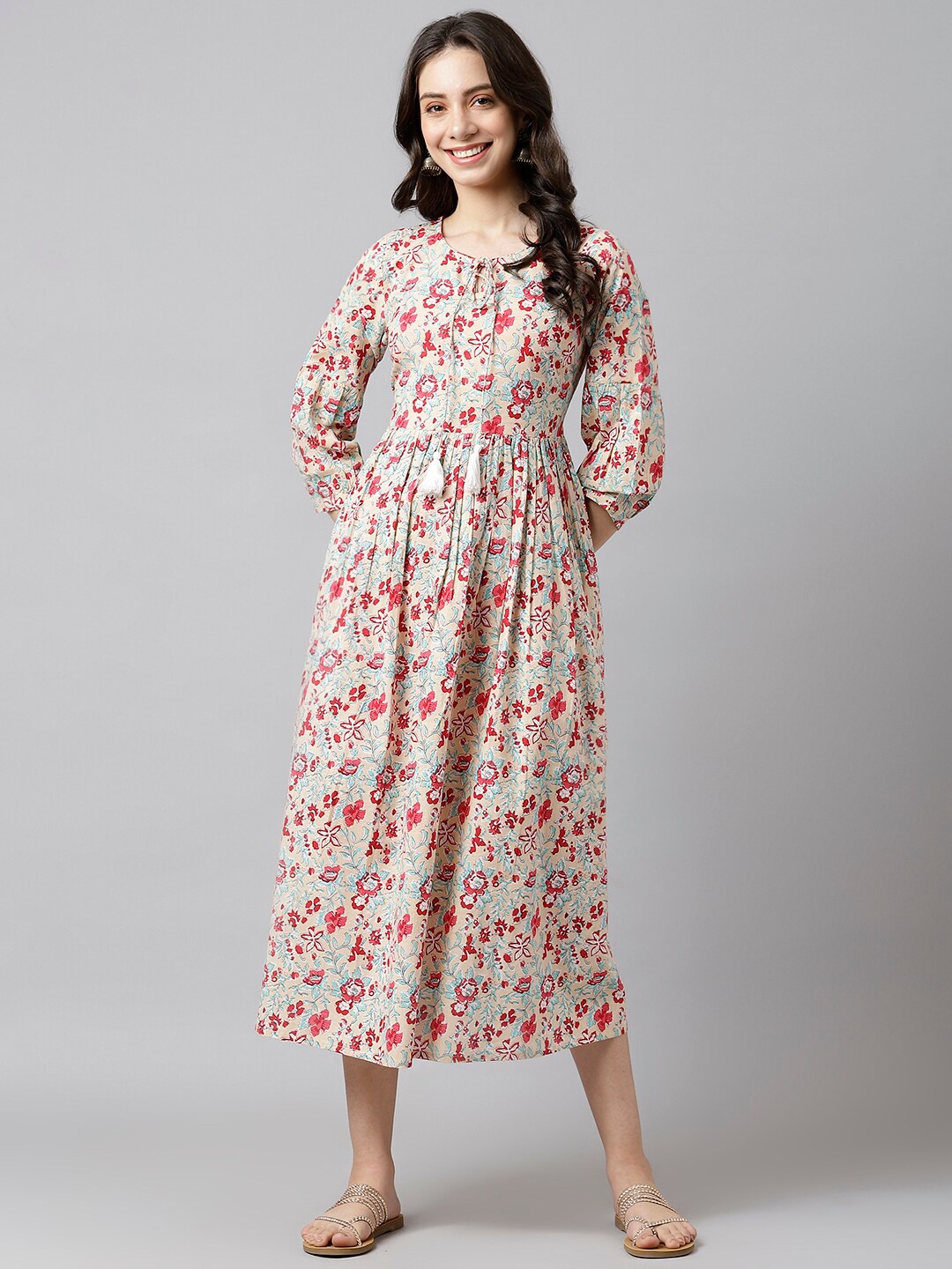 

DECKEDUP Cream-Coloured & Red Floral Tie-Up Neck Midi Fit and Flare Dress