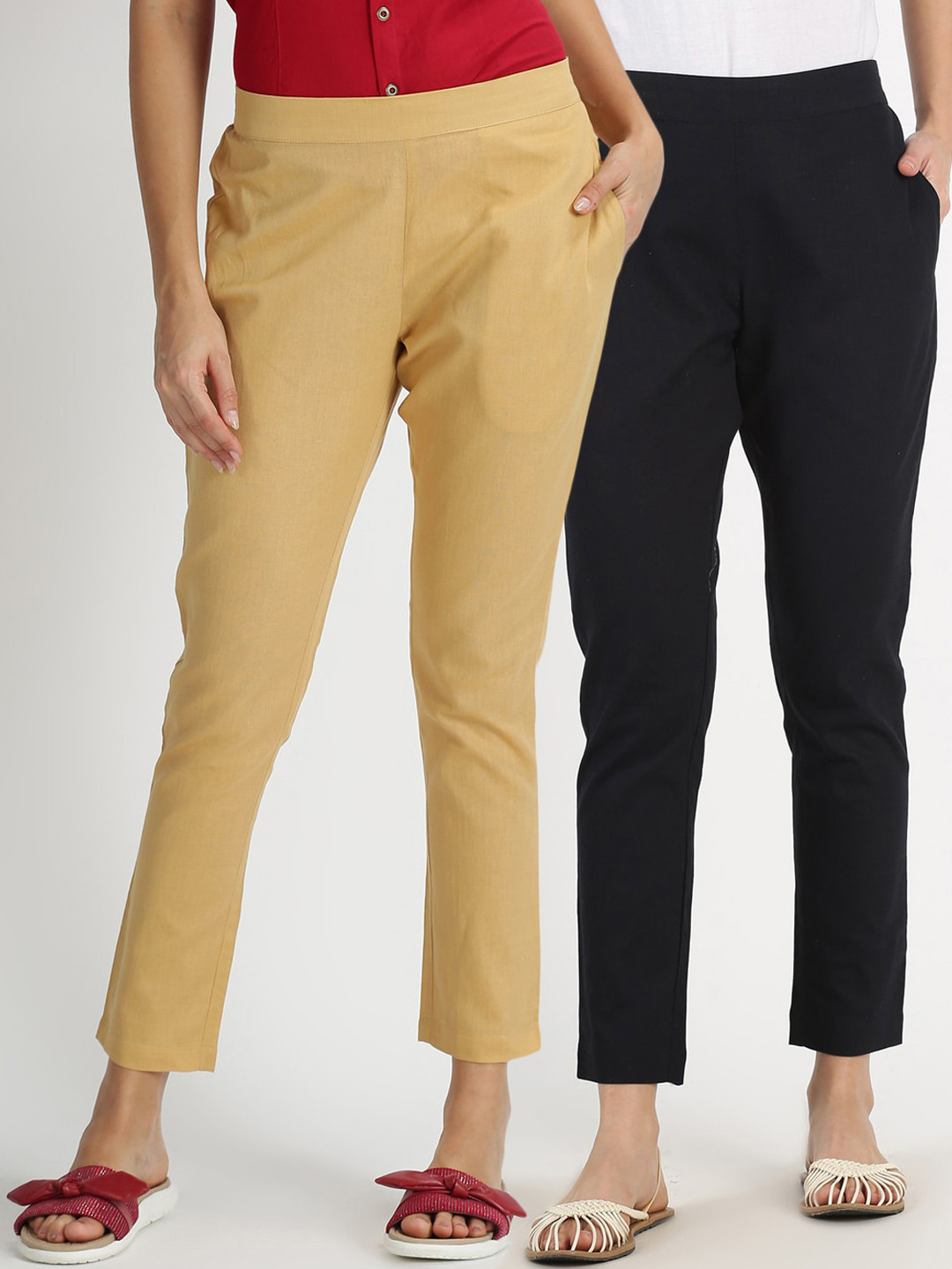 

Saffron Threads Women Pack Of 2 Cotton Flax Trousers, Beige