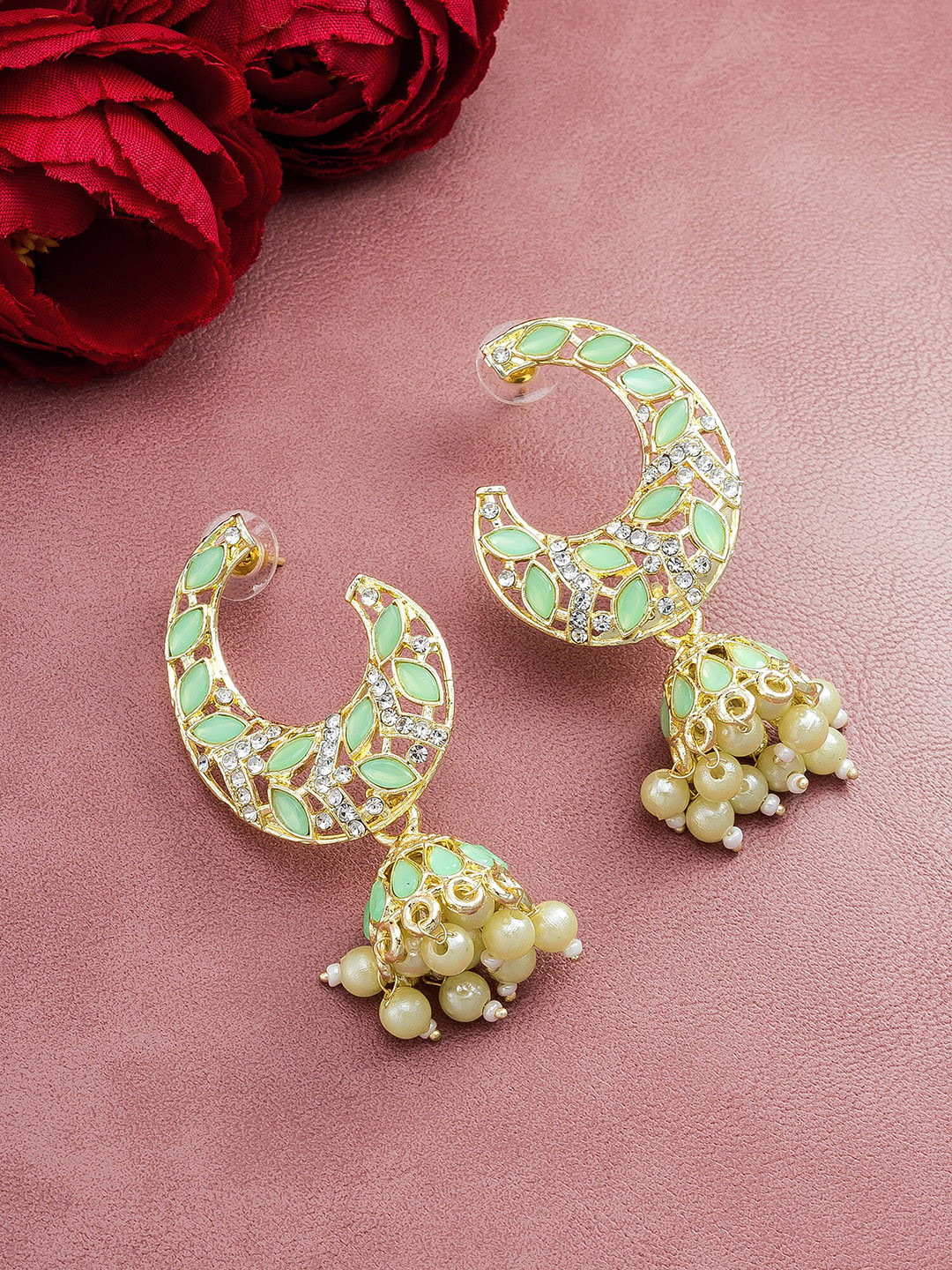 

aadita Gold-Toned & Green Crescent Shaped Jhumkas Earrings