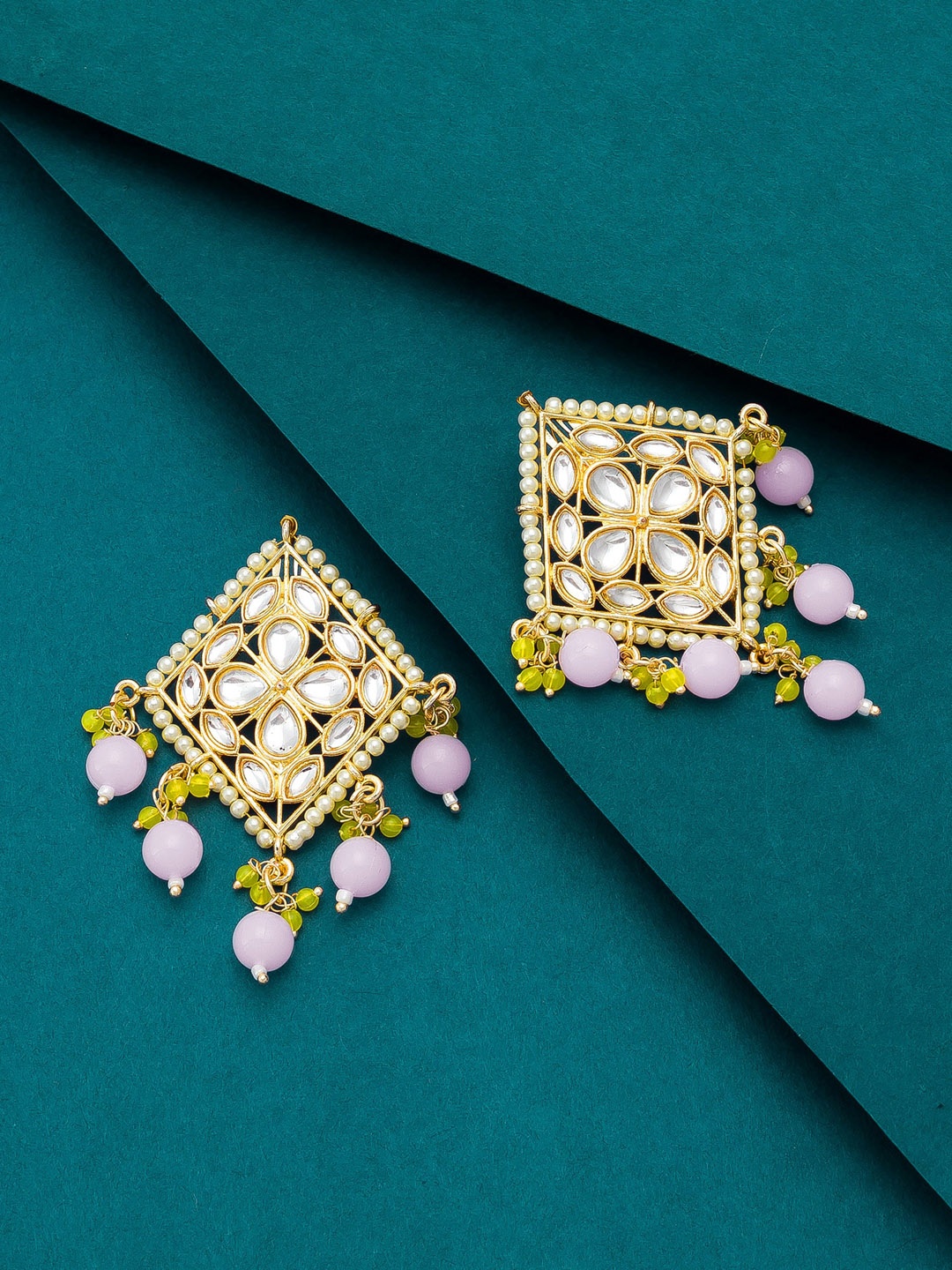 

aadita White & Green Square Gold-Plated Artificial Stones Drop Earrings