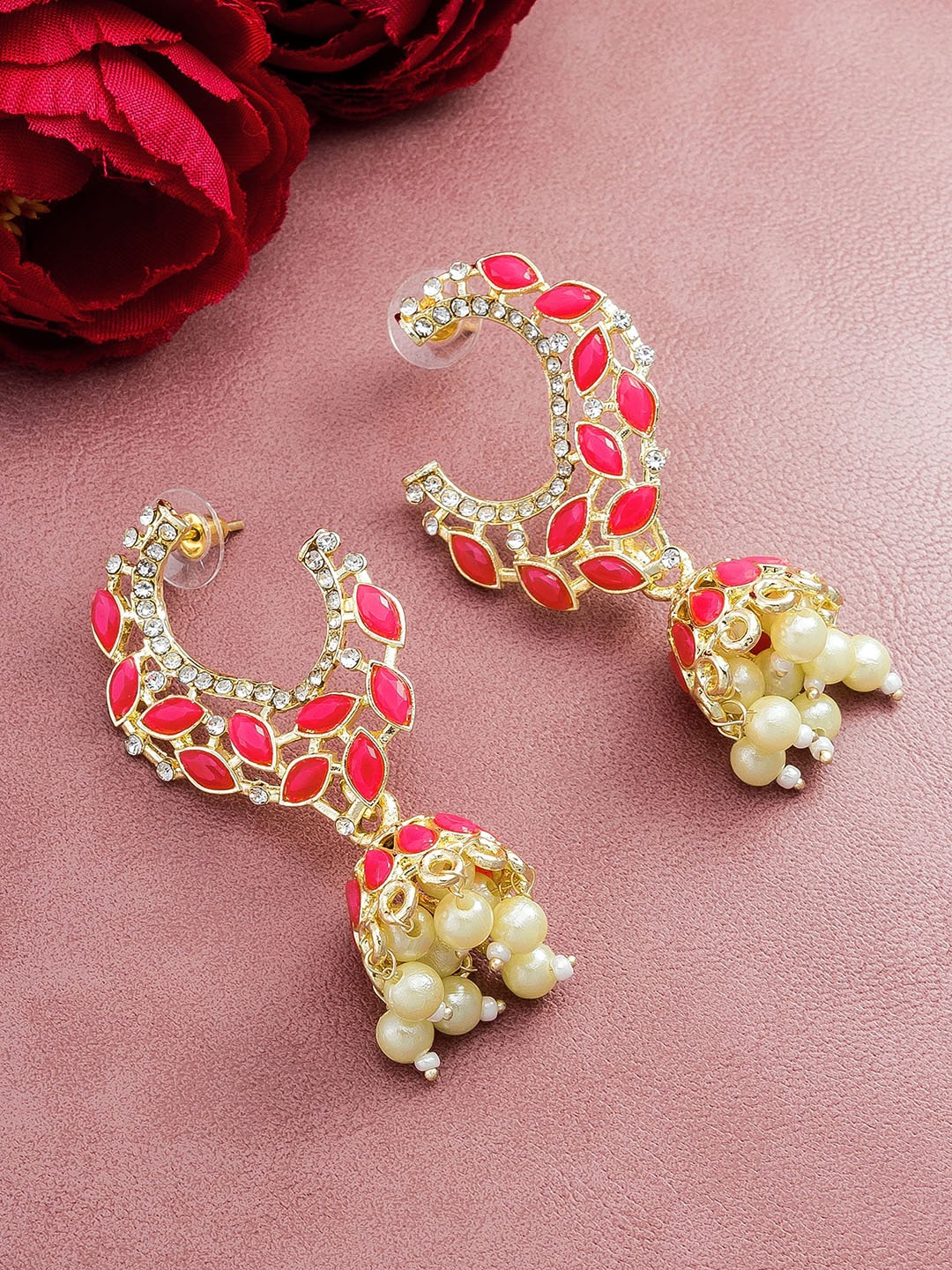 

aadita Gold-Toned & Orange Crescent Shaped Jhumkas Earrings