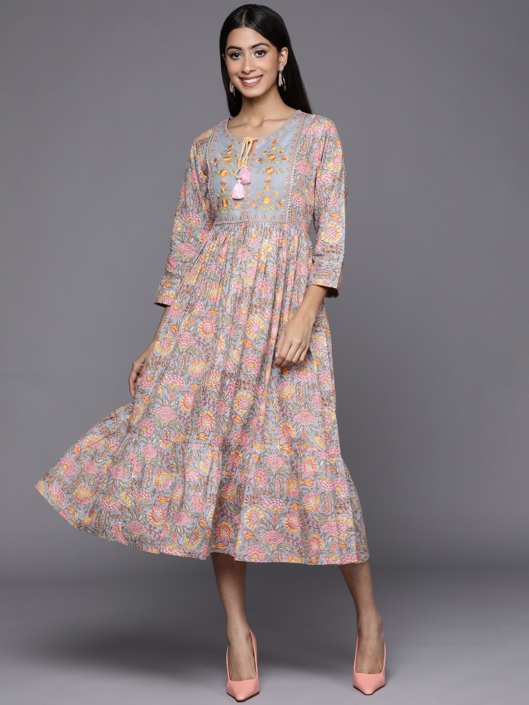 

Indo Era Woman Floral Ethnic A-Line Midi Dress, Peach
