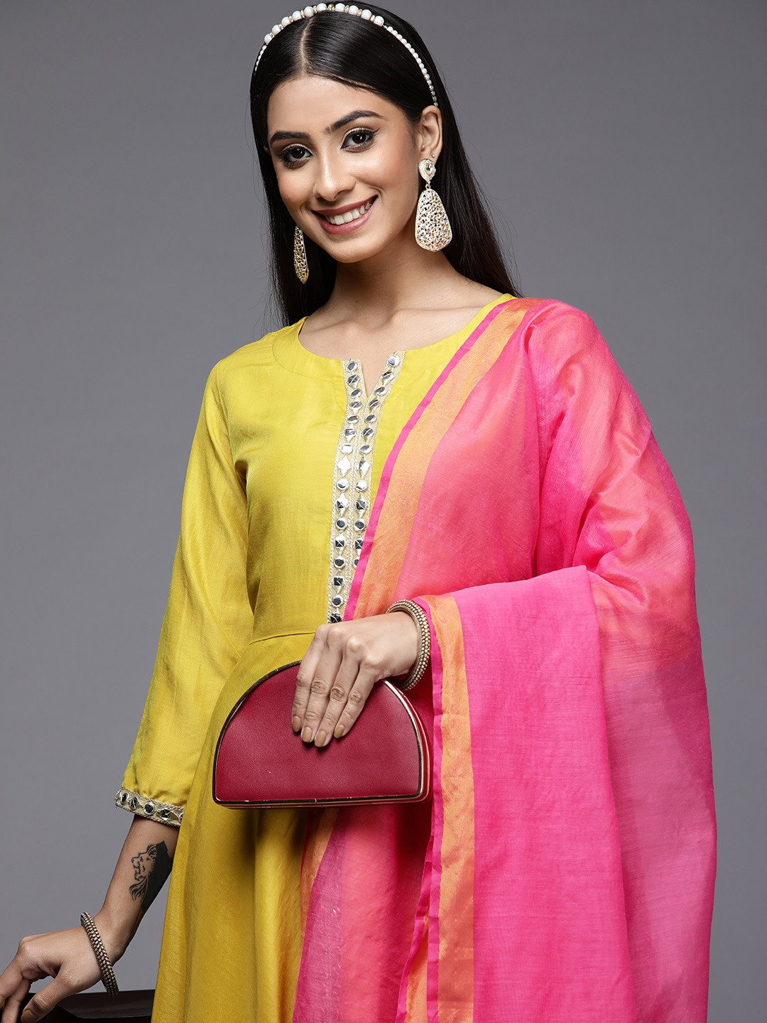 

Indo Era Women Yellow Mirror Work Kurta with Palazzos & With Dupatta