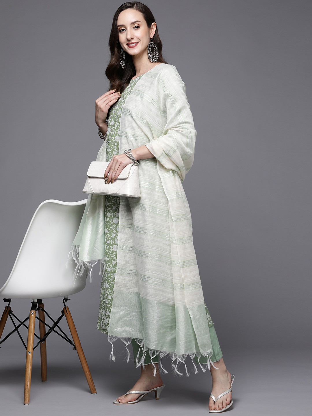 

Indo Era Women Green & White Floral Print Pure Cotton Kurta with Trousers & Dupatta