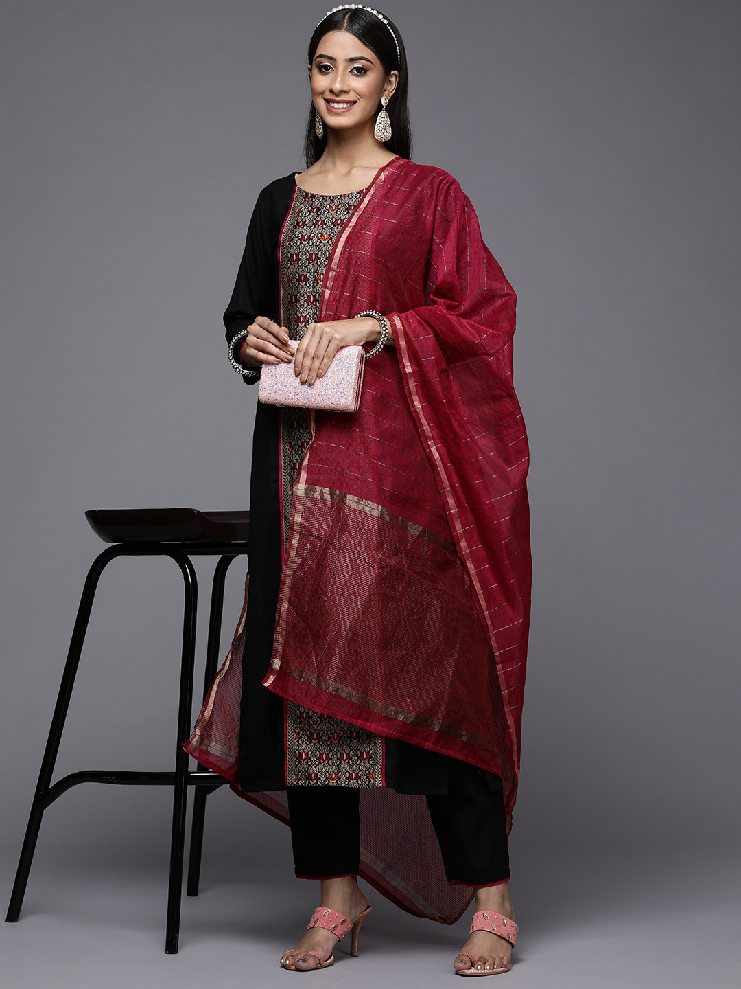 

Indo Era Women Black Yoke Design Patchwork Kurta with Trousers & With Dupatta
