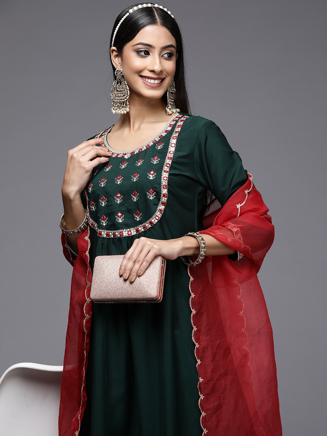 

Indo Era Women Green Yoke Design Mirror Work Kurta with Palazzos & Dupatta