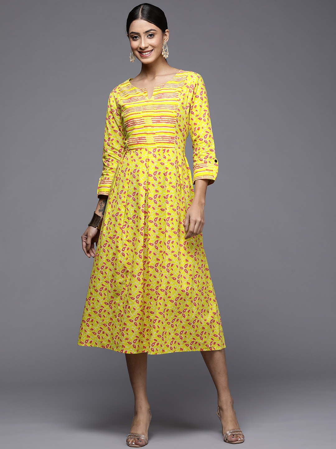 

Indo Era Yellow A-Line Flared Printed Midi Ethnic Dress