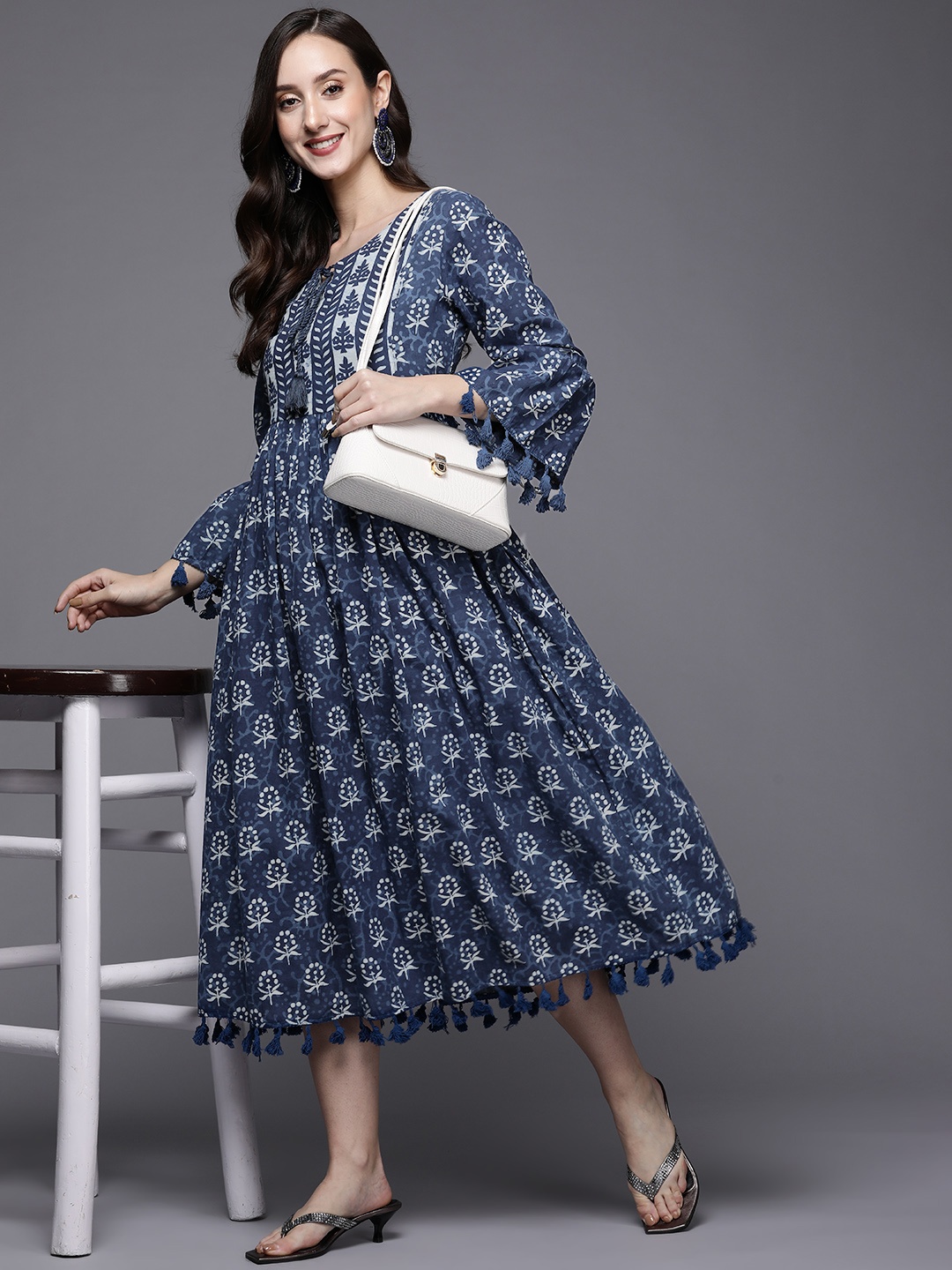 

Indo Era Navy Blue Printed Flared A-Line Midi Ethnic Dress