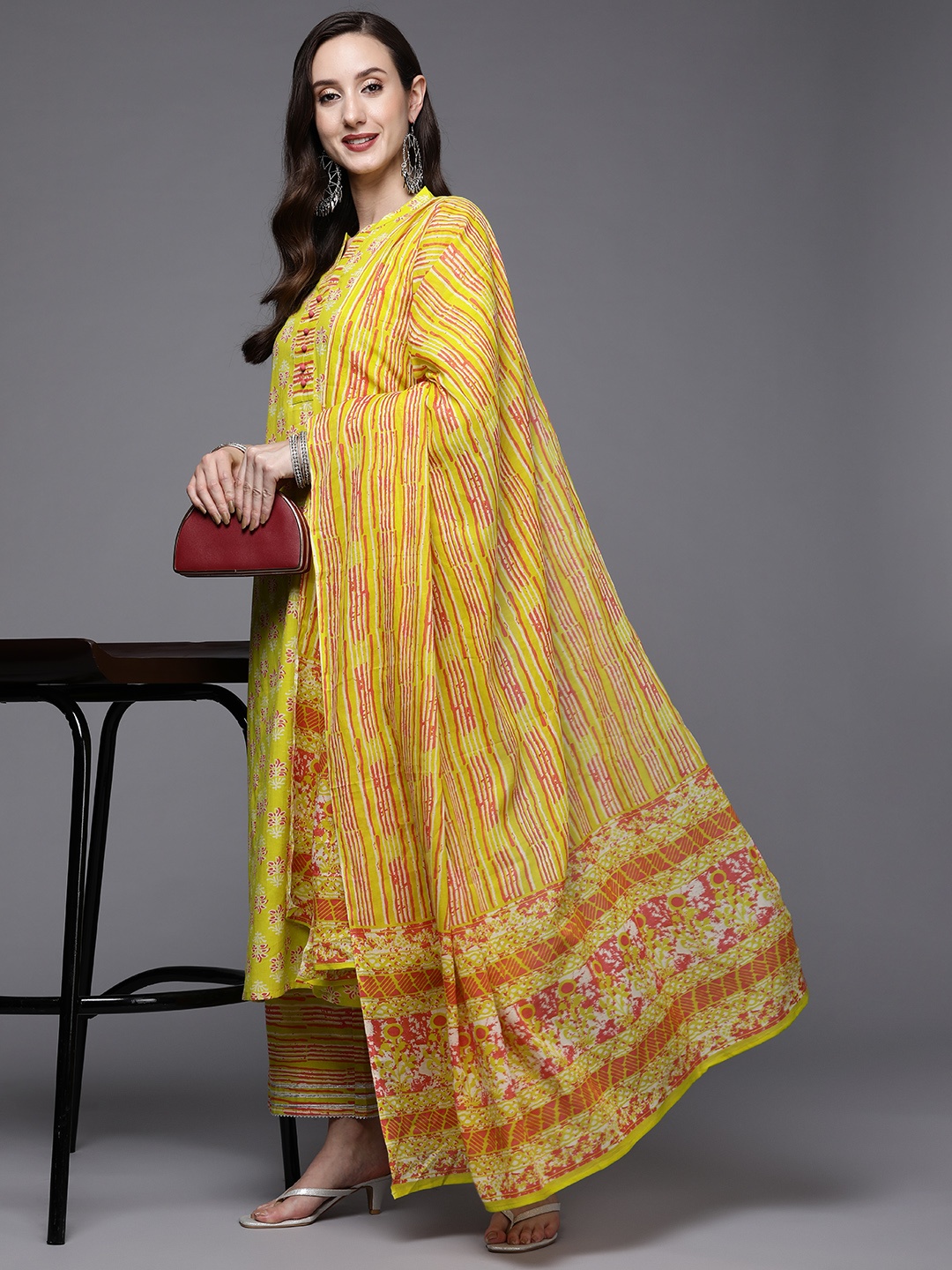 

Indo Era Women Yellow & Red Floral Print Pure Cotton Kurta with Palazzos & Dupatta