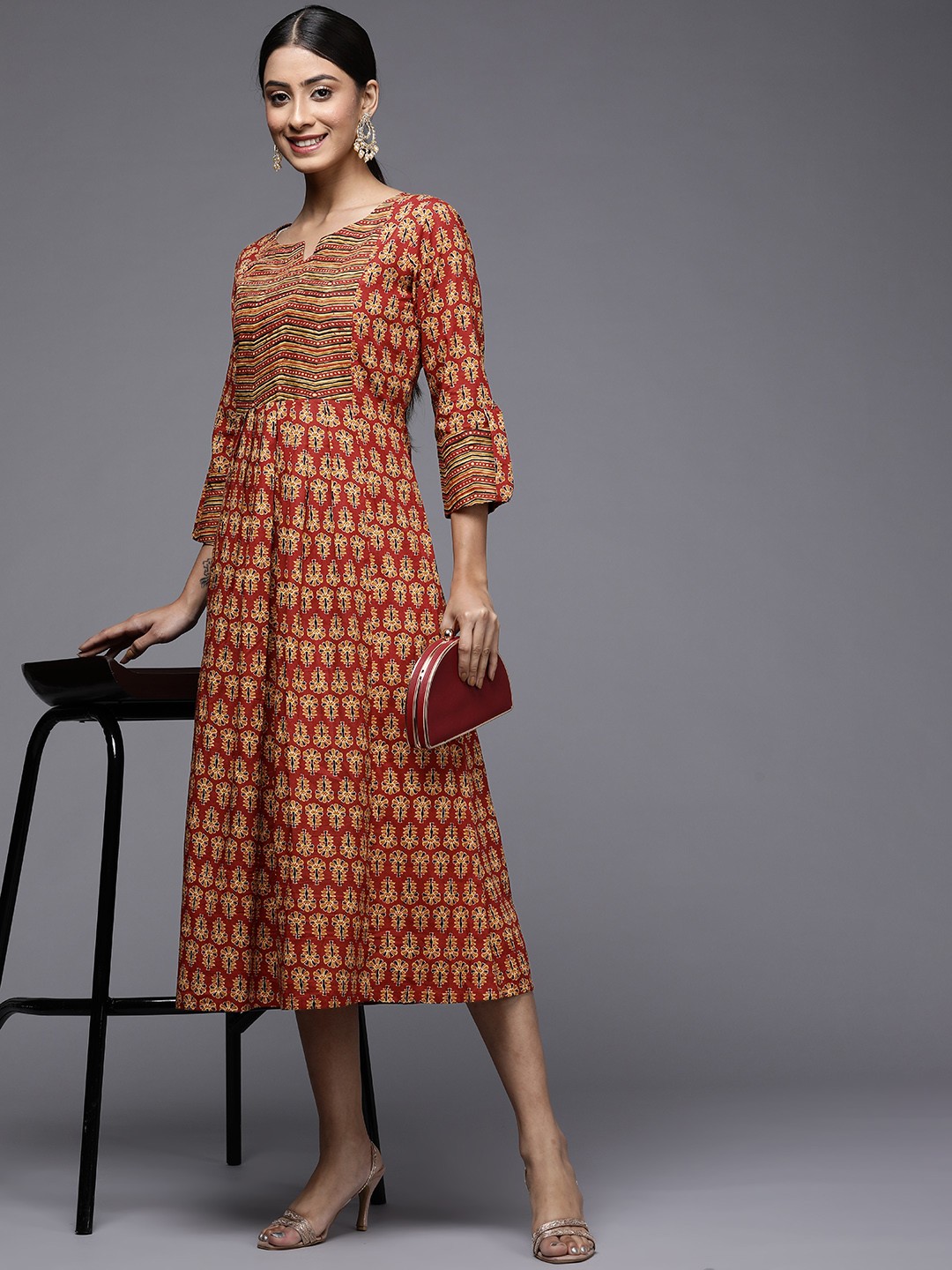 

Indo Era Maroon & Mustard Brown Ethnic Motifs Ethnic A-Line Midi Ethnic Dress