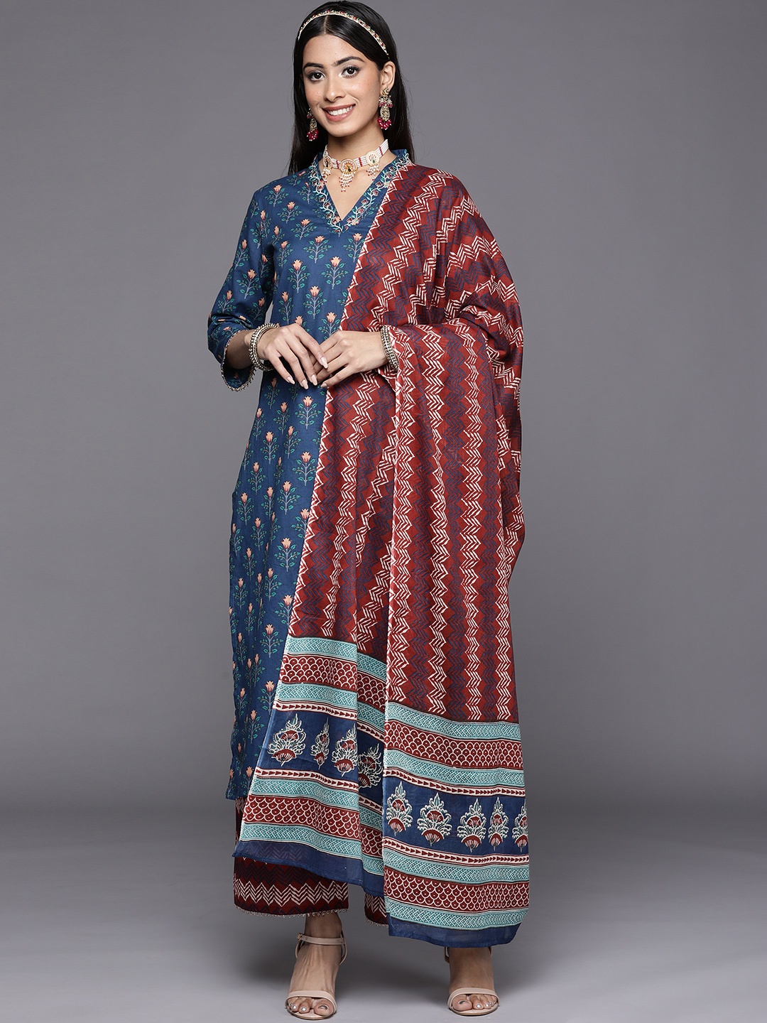 

Indo Era Women Blue Ethnic Motifs Printed Pure Cotton Kurta with Palazzos & Dupatta