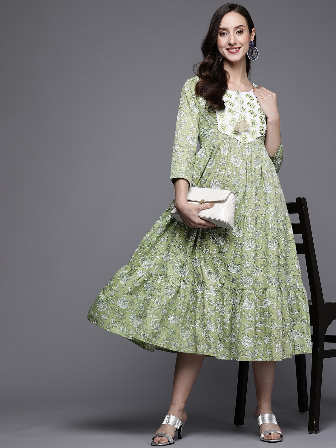 

Indo Era Sea Green Floral Embroidered Ethnic A-Line Midi Dress