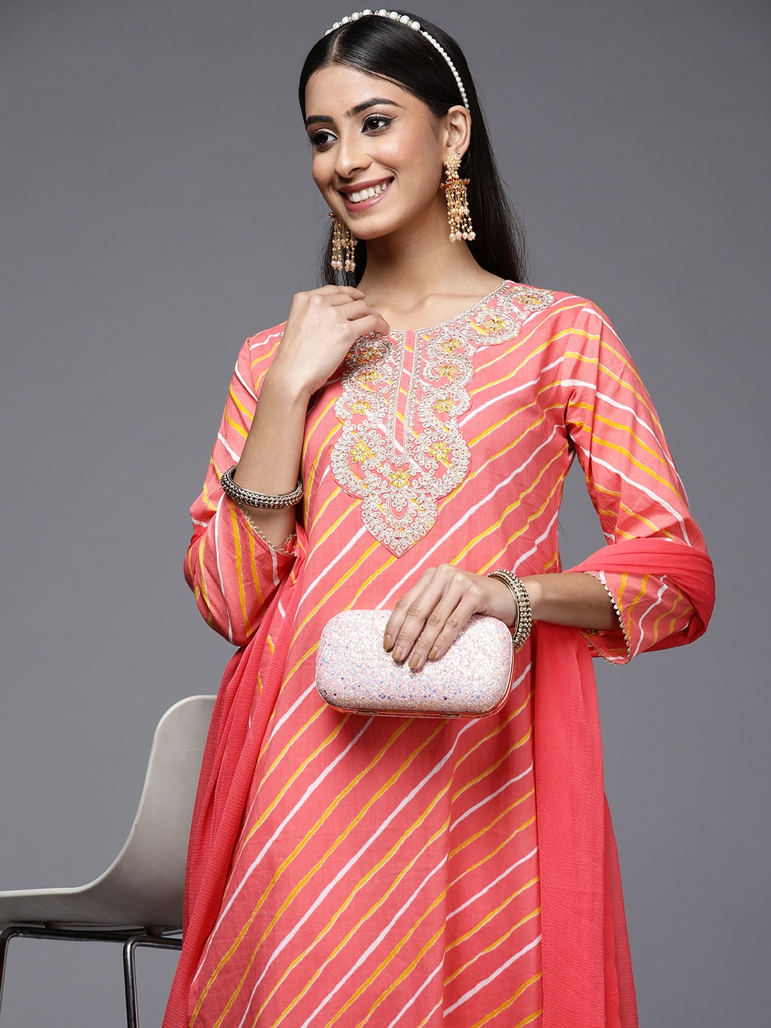 Indo Era Women Pink Leheriya Printed Pure Cotton Kurta with Palazzos & With Dupatta