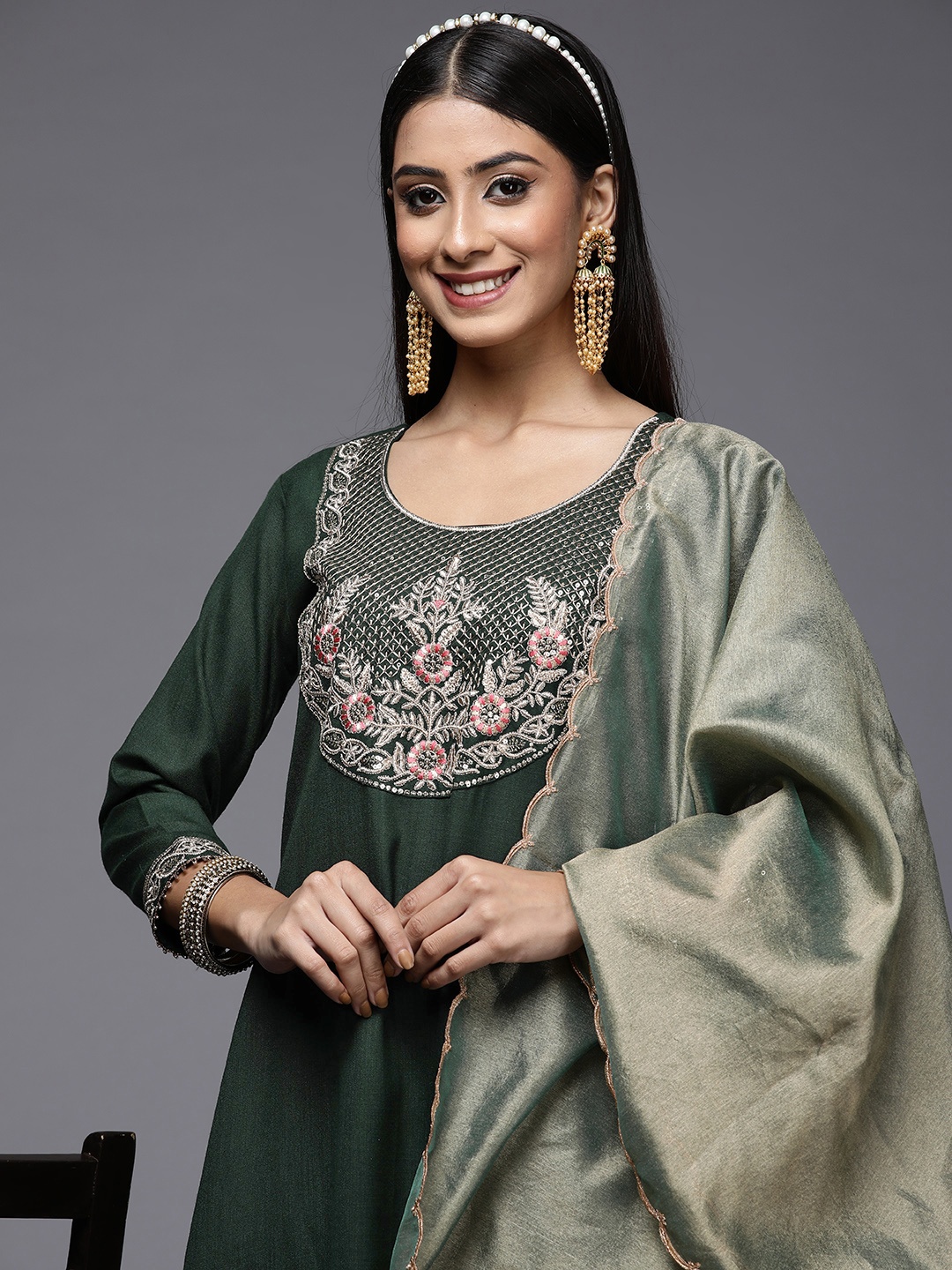 Indo Era Women Green Sequinned Kurta with Palazzos & With Dupatta