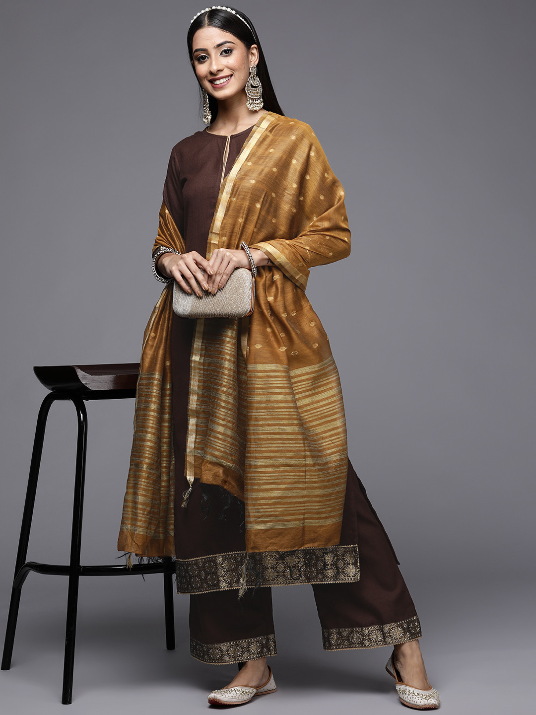 

Indo Era Women Brown Solid Kurta with Palazzos & With Dupatta