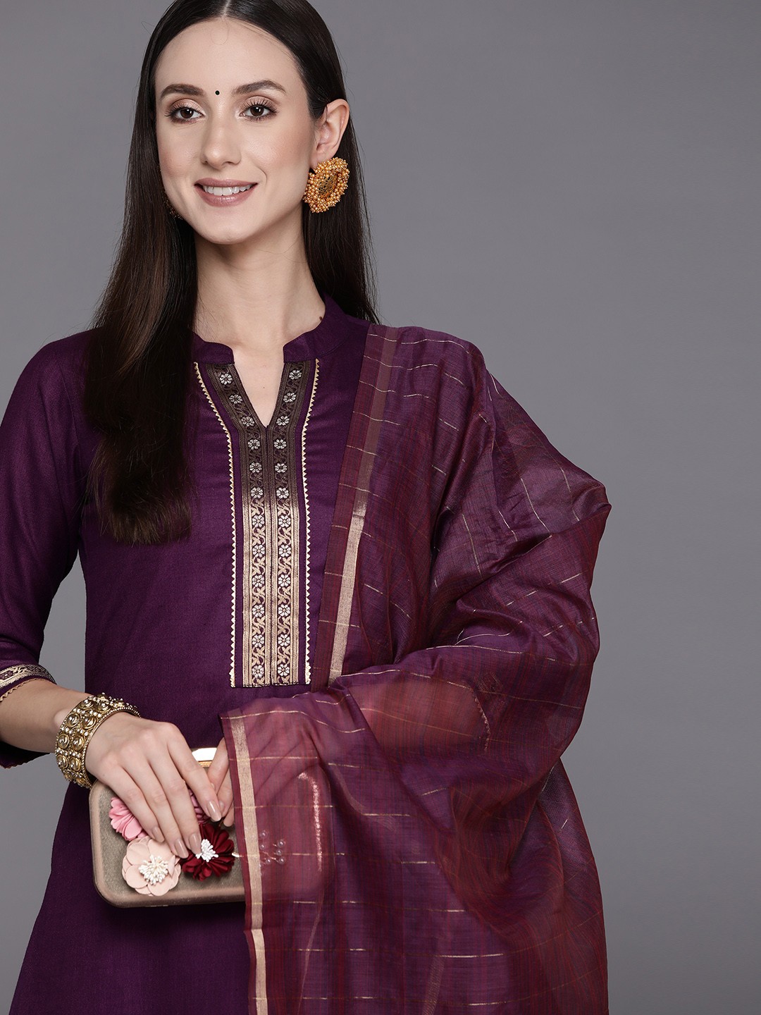 

Indo Era Women Purple Ethnic Motifs Woven Design Kurta with Palazzos & Dupatta