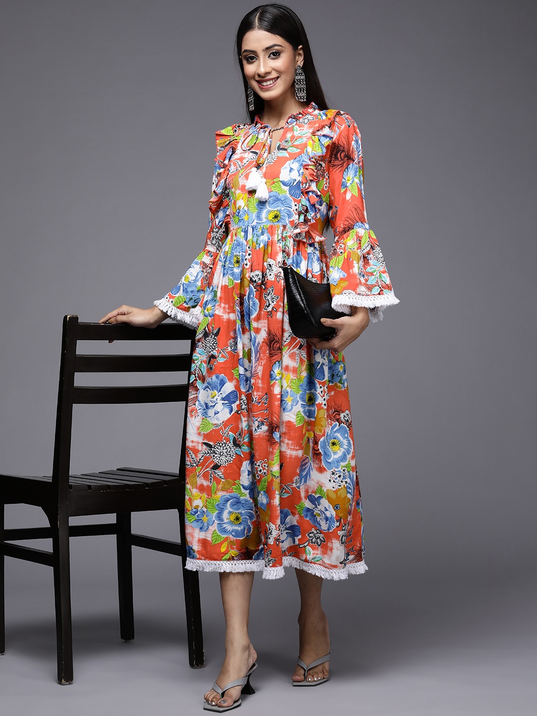 Indo Era Orange & Blue Floral Tie-Up Neck A-Line Midi Dress