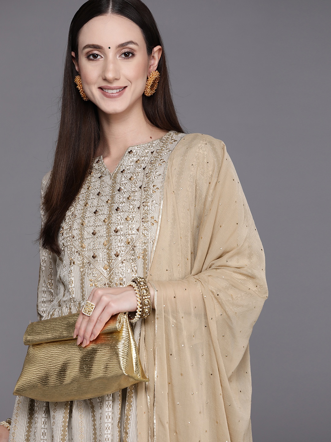 

Indo Era Women Off White Striped Kurta with Sharara & Dupatta