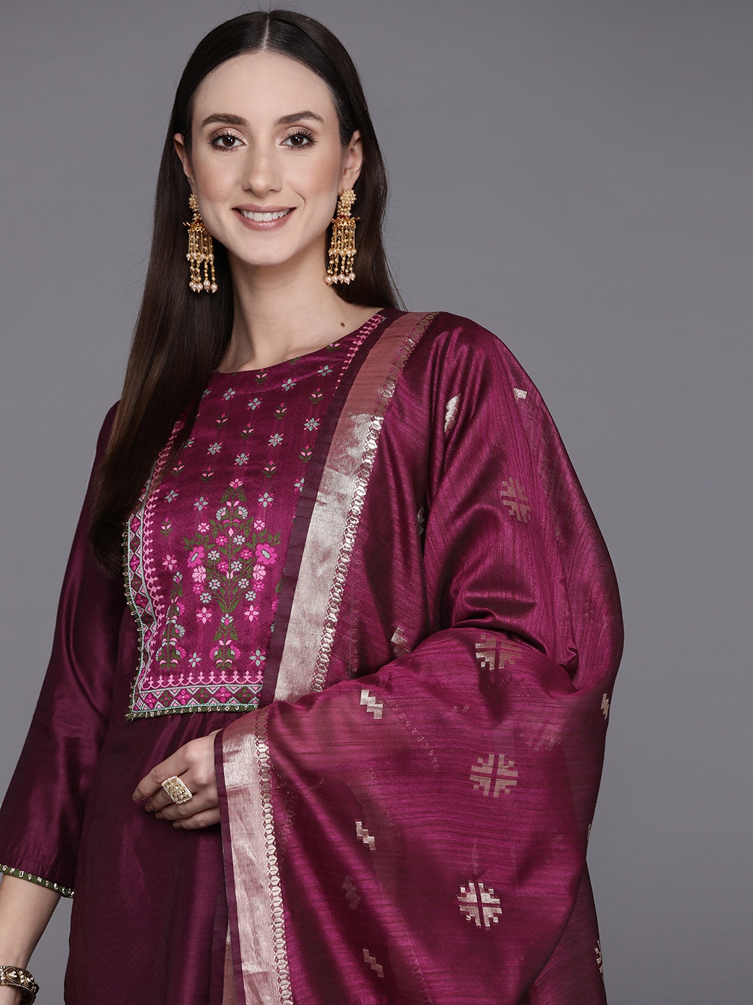 

Indo Era Women Burgundy Ethnic Motifs Yoke Design Kurta with Palazzos & Dupatta