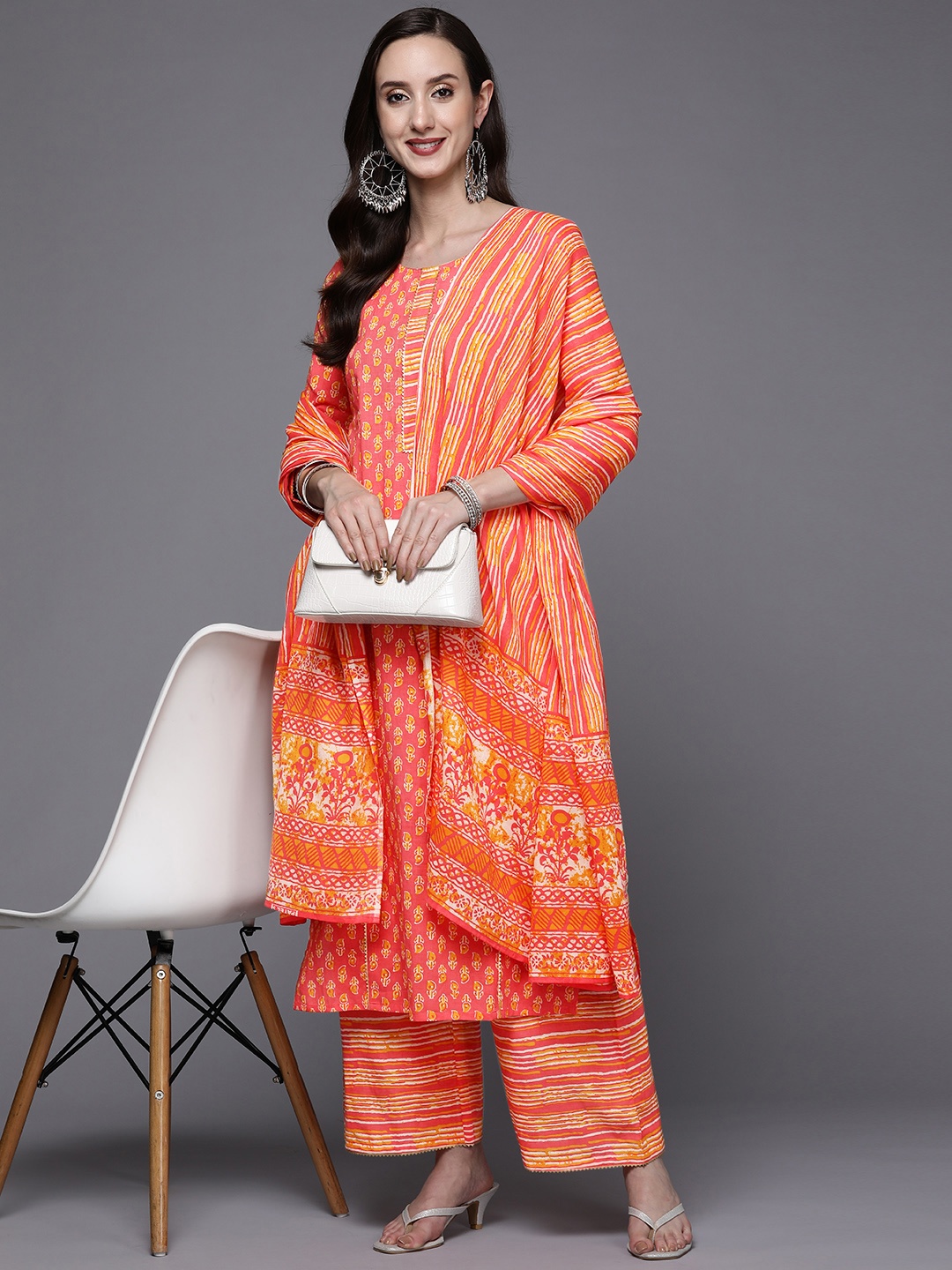 

Indo Era Women Pink & Yellow Printed Pure Cotton Kurta with Palazzos & Dupatta