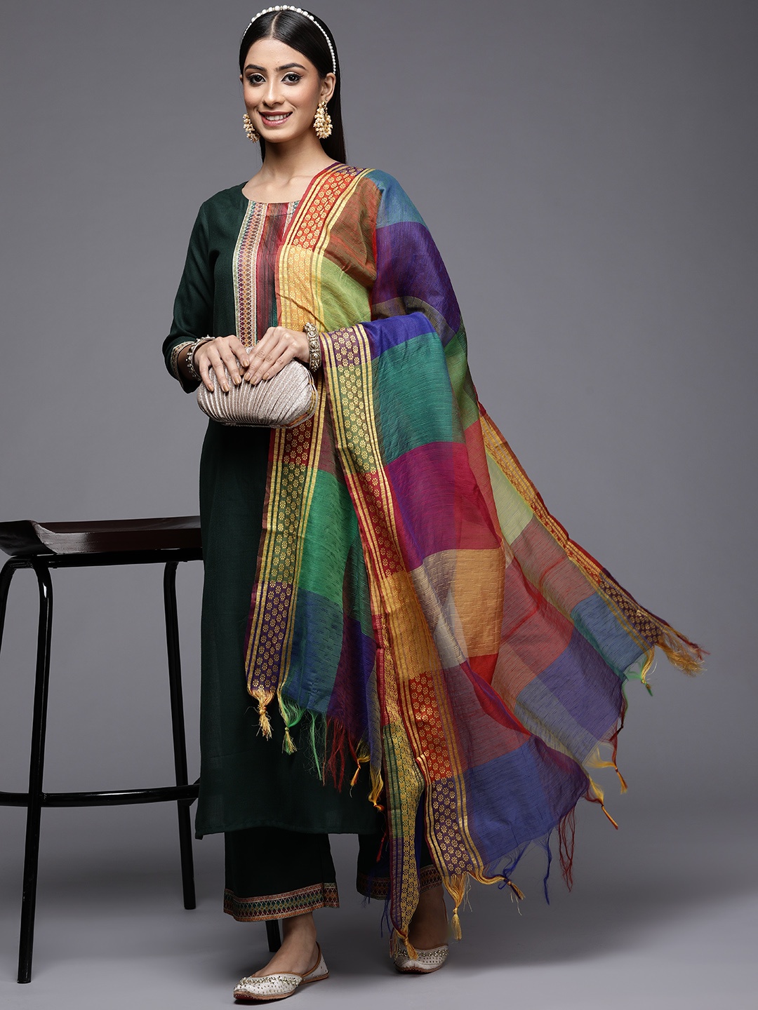 

Indo Era Women Green Yoke Design Thread Work Kurta with Palazzos & With Dupatta