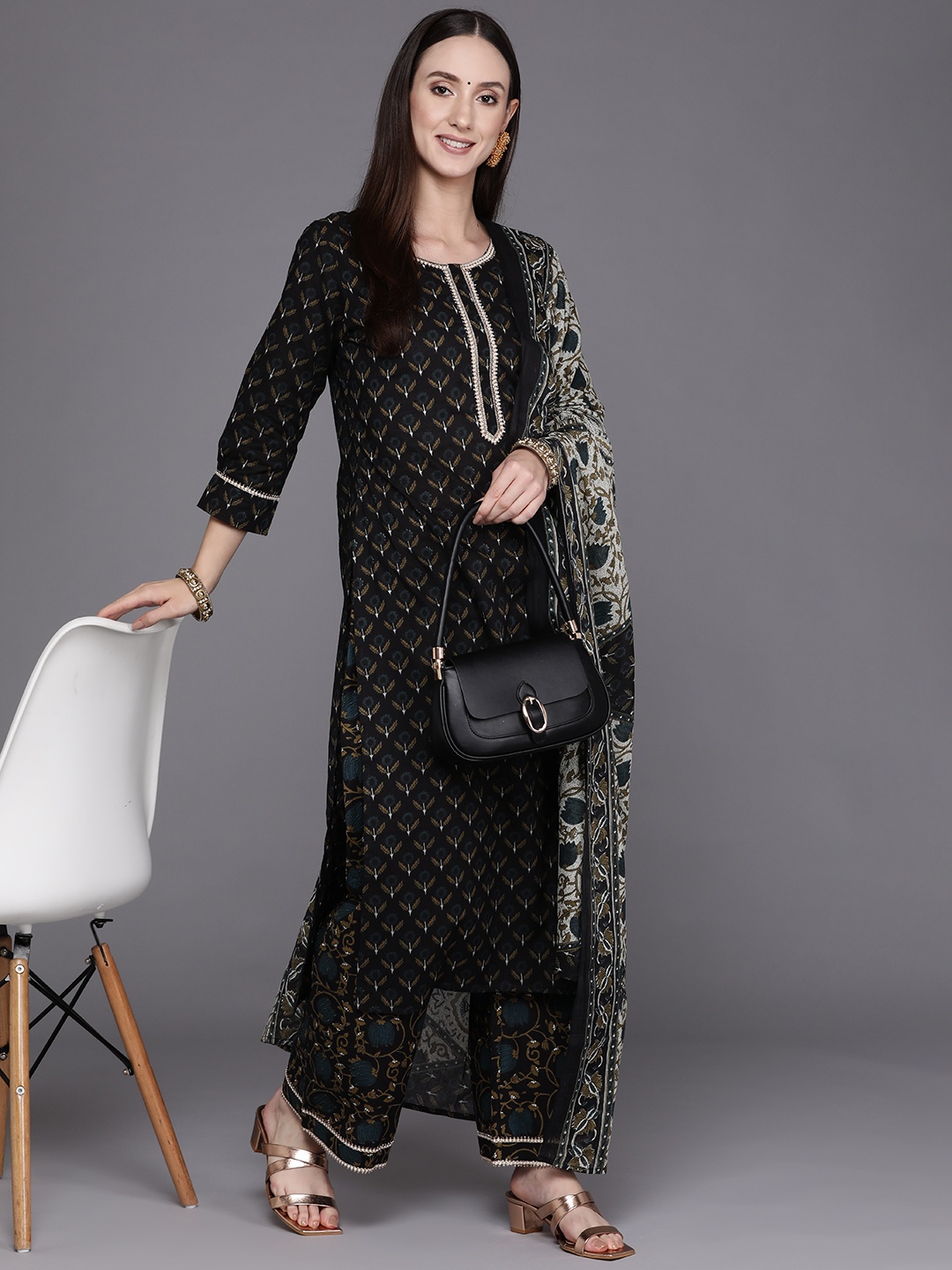 

Indo Era Women Black Ethnic Motifs Printed Pure Cotton Kurta with Palazzos & Dupatta